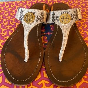 Tory Burch leather flip flops, snakeskin print.